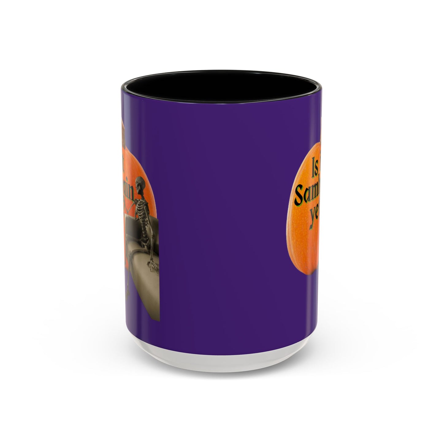 Is It Samhain Yet? Skeleton's Giant Pumpkin Purple Accent Mug by CreepyCrafts.boo