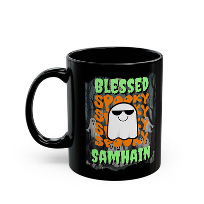 Spooky Blessed Samhain Ghost Green font Black Mug by CreepyCrafts.boo