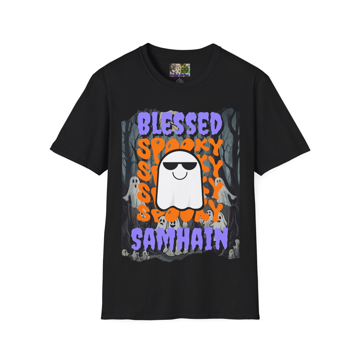Spooky Blessed Samhain Ghost Purple font Unisex T-Shirt by CreepyCrafts.boo