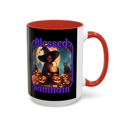 Blessed Samhain Cute Witch Purple font Black Accent Mug by CreepyCrafts.boo