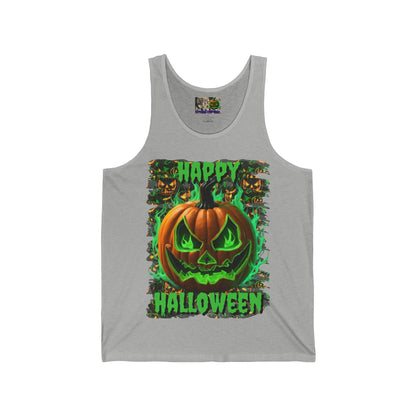 Happy Halloween Green Jack Unisex Jersey Tank Top by CreepyCrafts.boo