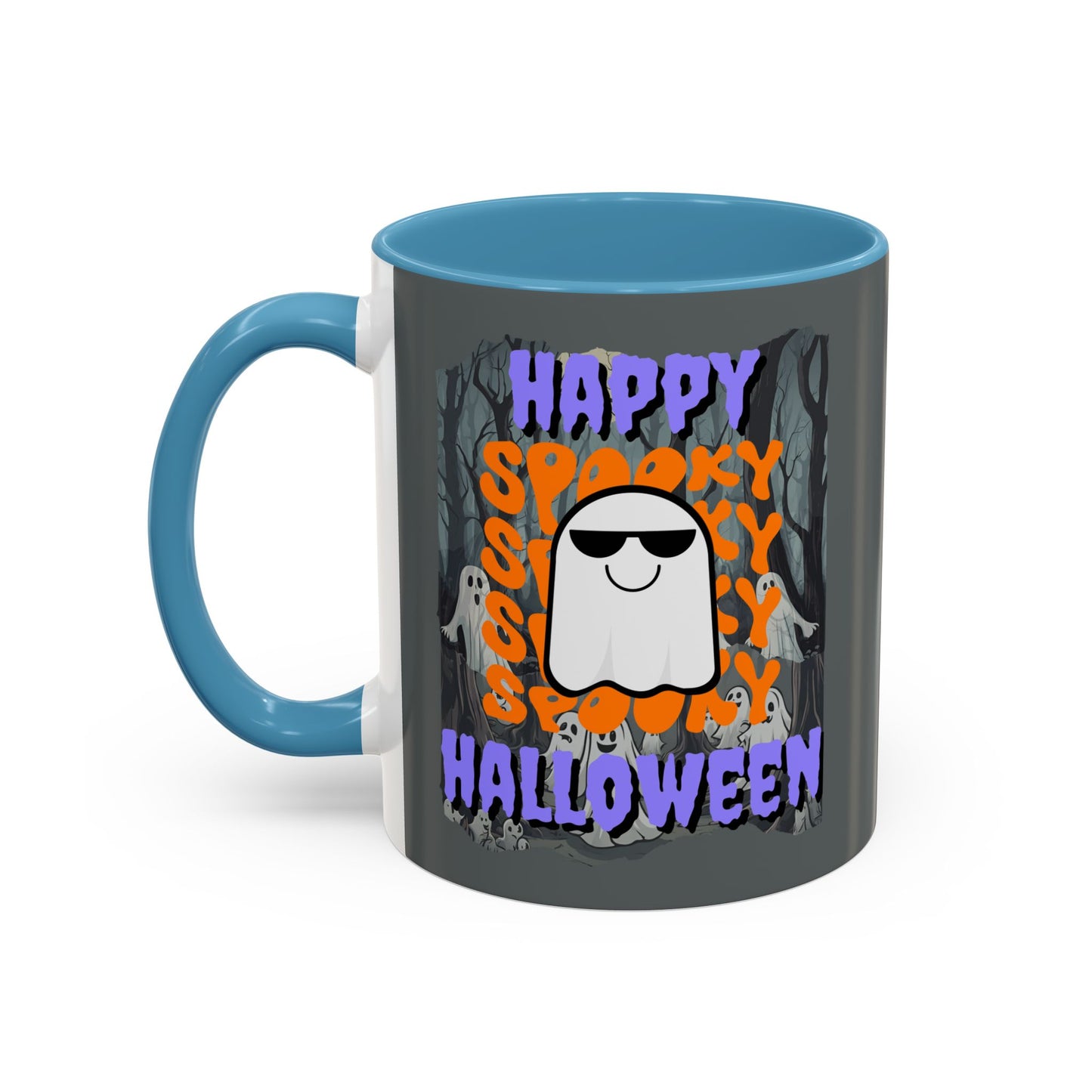 Spooky Happy Halloween Ghost Purple font Grey Accent Mug by CreepyCrafts.boo
