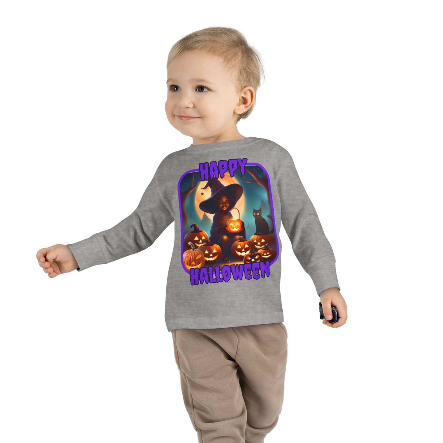 Happy Halloween Cute Witch Purple font Toddler Long Sleeve Tee by CreepyCrafts.boo