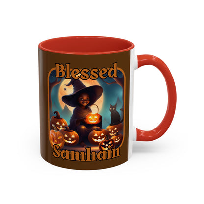 Blessed Samhain Cute Witch Orange font Brown Accent Mug by CreepyCrafts.boo