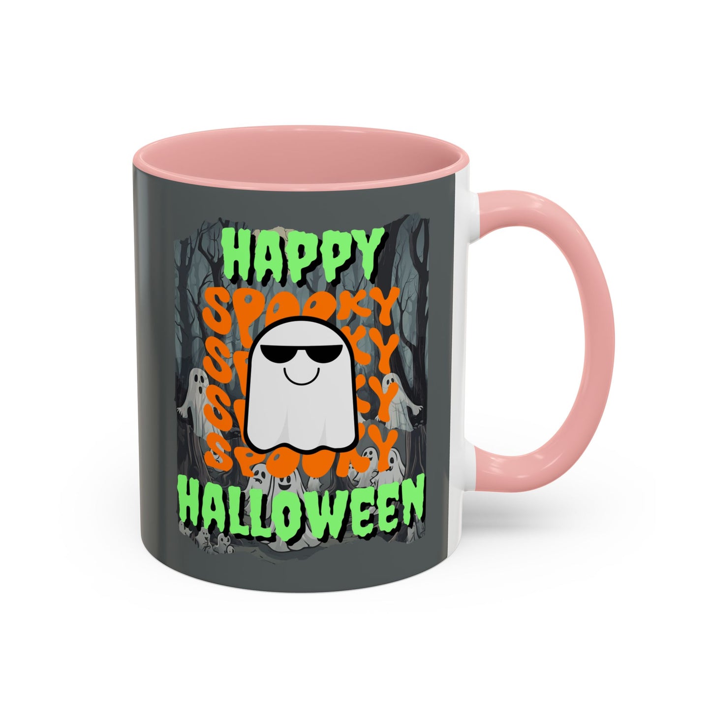 Spooky Happy Halloween Ghost Green font Grey Accent Mug by CreepyCrafts.boo