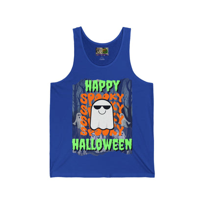 Spooky Happy Halloween Ghost Green font Unisex Jersey Tank Top by CreepyCrafts.boo