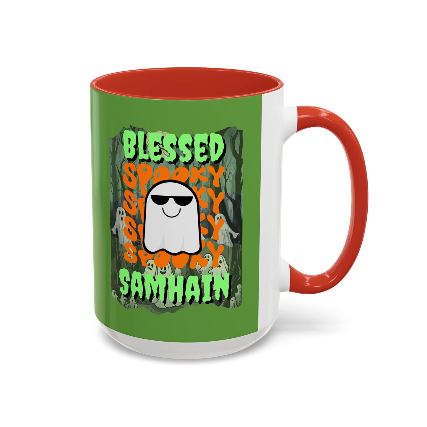 Spooky Blessed Samhain Ghost Green font Accent Mug by CreepyCrafts.boo