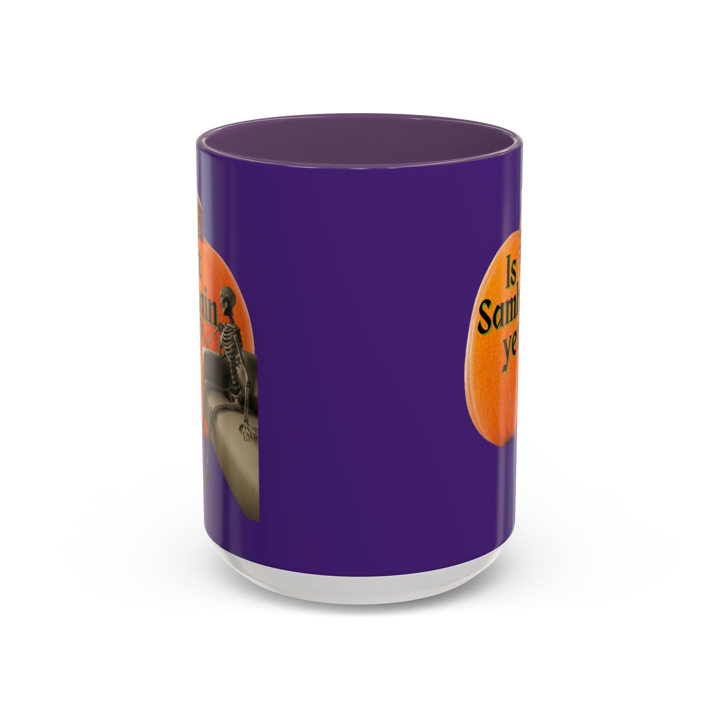 Is It Samhain Yet? Skeleton's Giant Pumpkin Purple Accent Mug by CreepyCrafts.boo