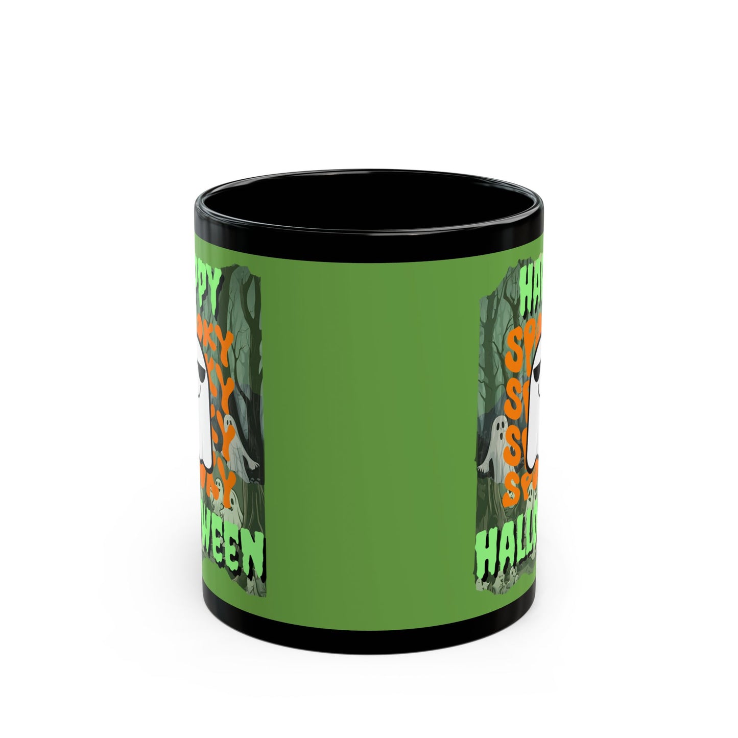 Spooky Happy Halloween Ghost Green font Green Mug by CreepyCrafts.boo