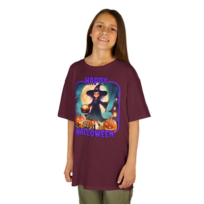 Happy Halloween Little Witch Purple font Kids Heavy Cotton™ Tee by CreepyCrafts.boo