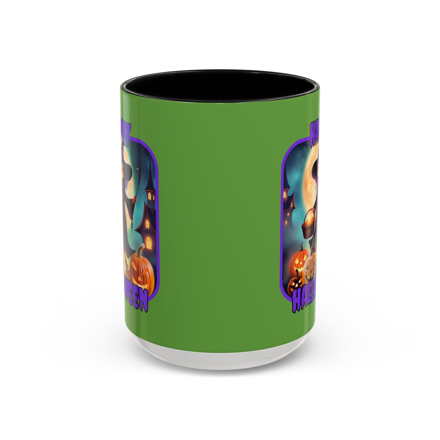 Happy Halloween Little Witch Purple font Green Accent Mug by CreepyCrafts.boo