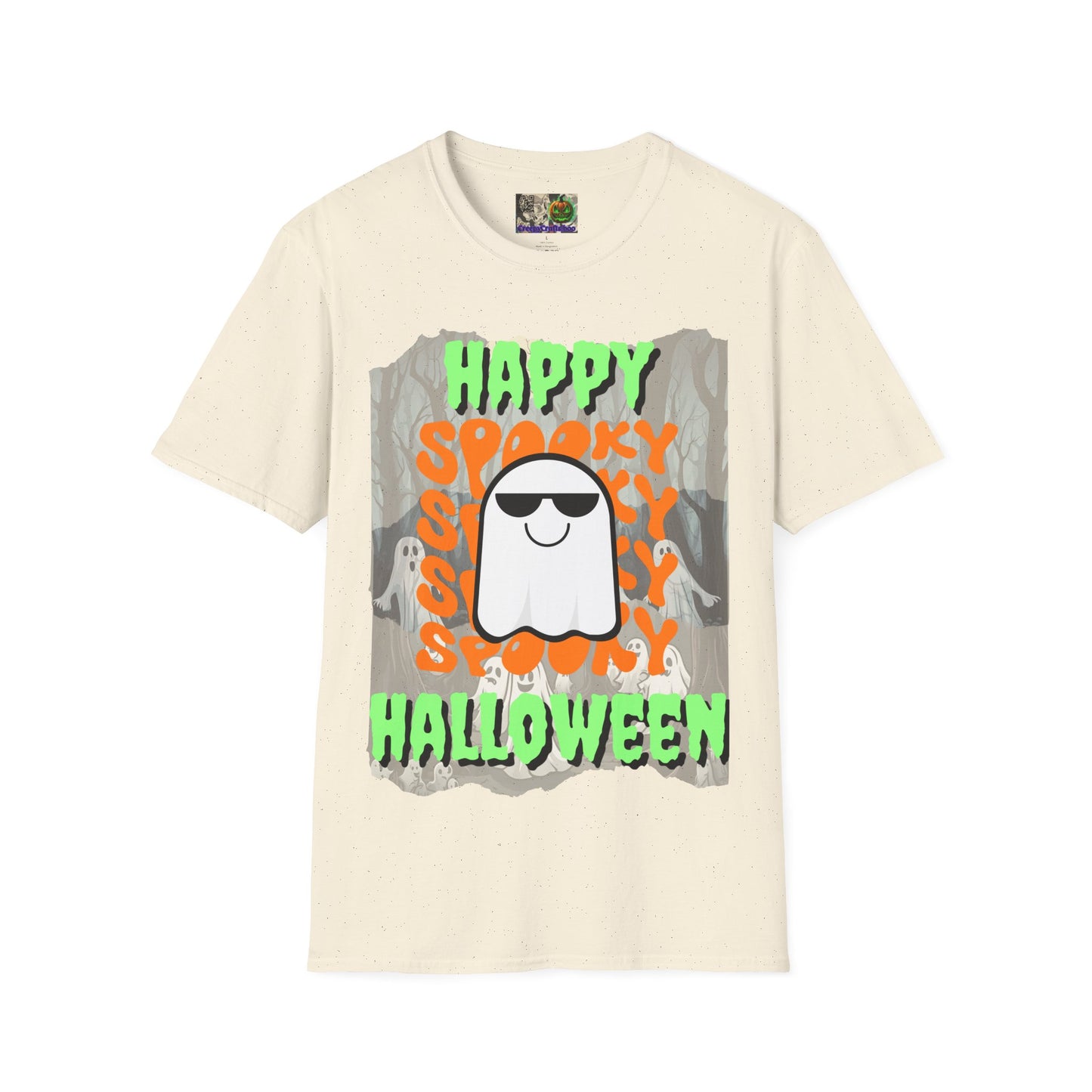 Spooky Happy Halloween Ghost Light colors Green font Unisex T-Shirt by CreepyCrafts.boo