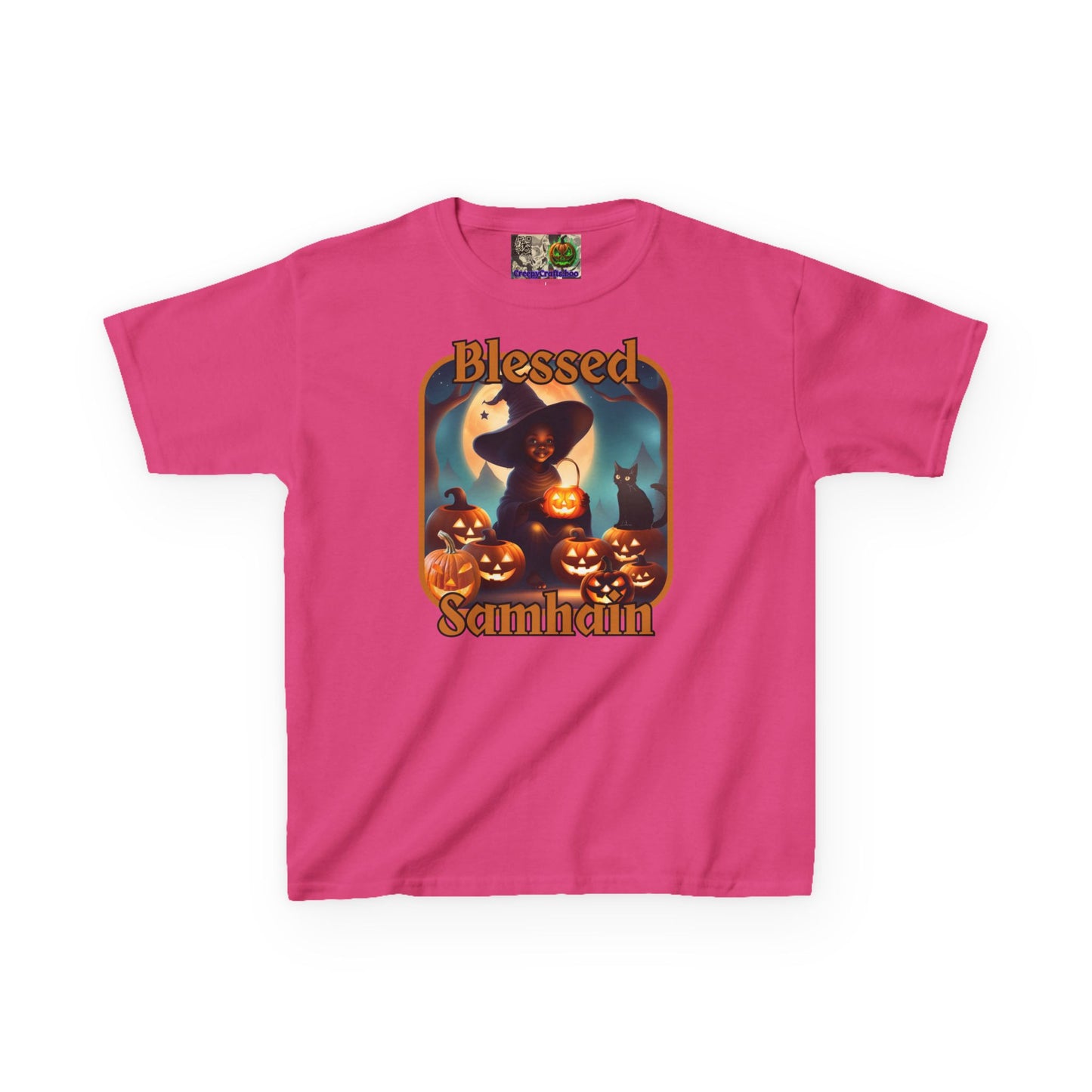 Blessed Samhain Cute Witch Orange font Kids Heavy Cotton™ Tee by CreepyCrafts.boo