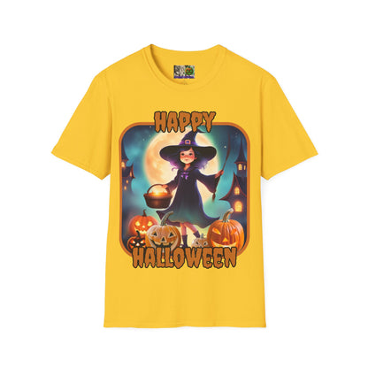 Happy Halloween Little Witch Orange font, Light colors, Unisex T-Shirt by CreepyCrafts.boo