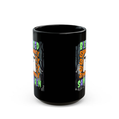 Spooky Blessed Samhain Ghost Mixed font Black Mug by CreepyCrafts.boo