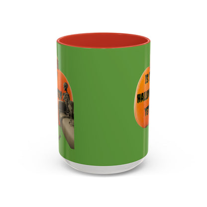 Is it Halloween yet? Skeleton's Giant Pumpkin Green Accent Mug by CreepyCrafts.boo
