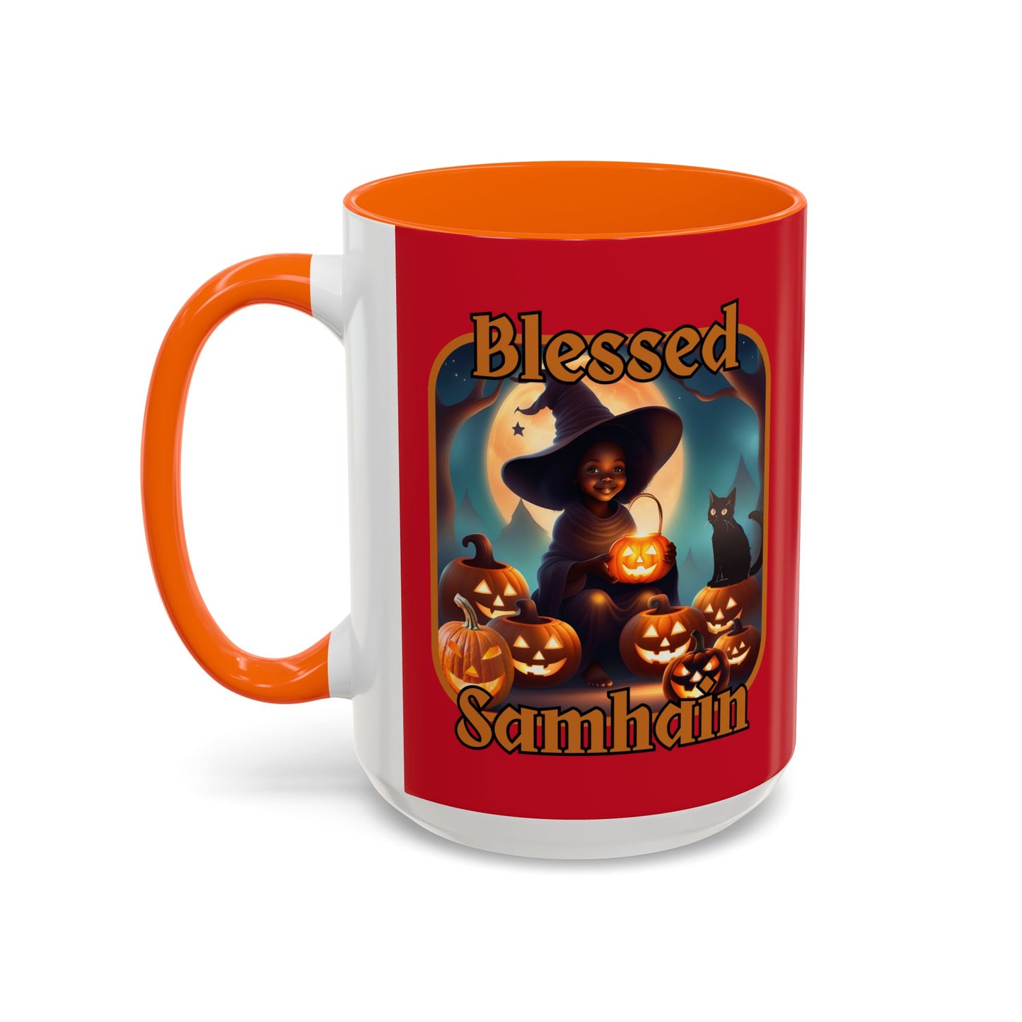 Blessed Samhain Cute Witch Orange font Red Accent Mug by CreepyCrafts.boo