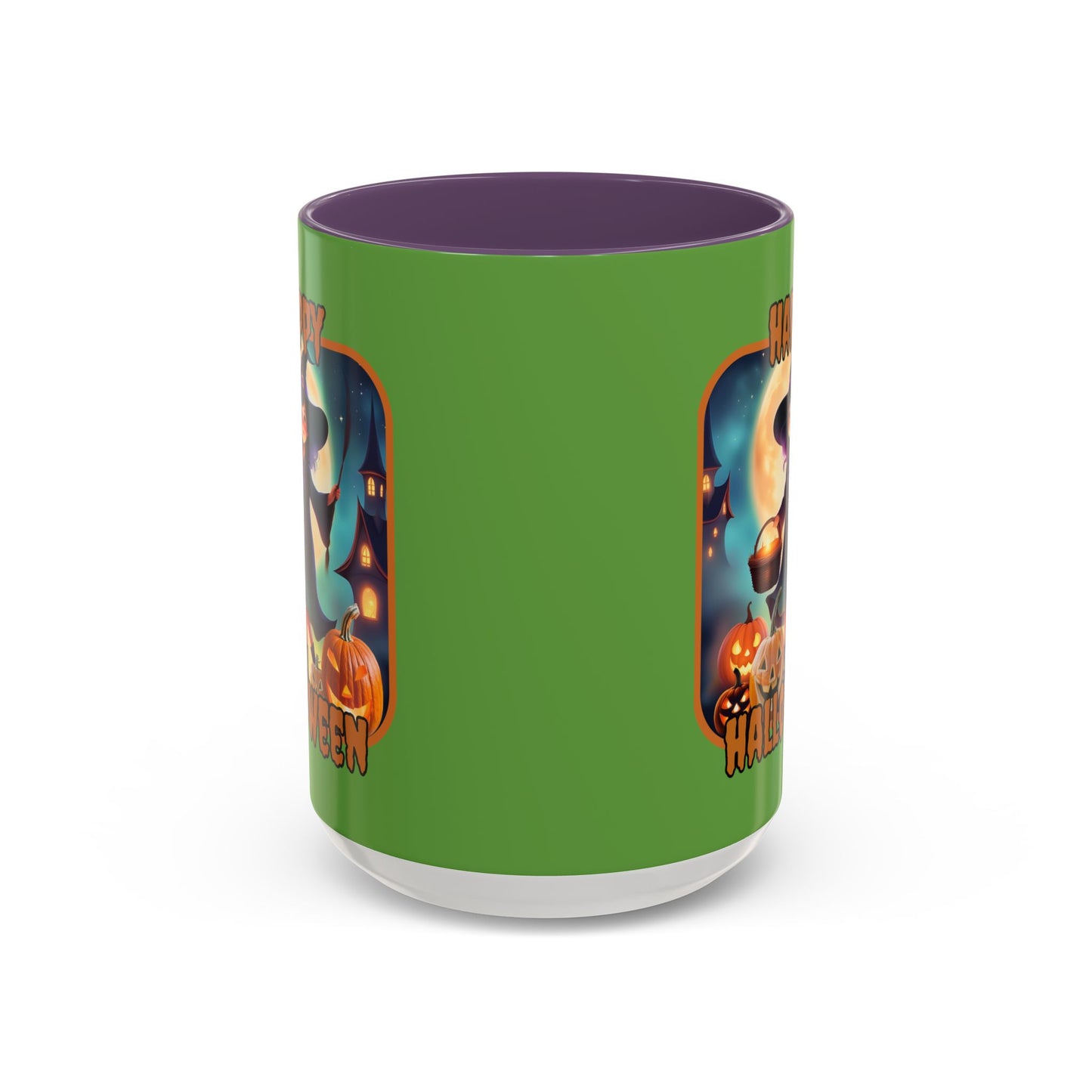 Happy Halloween Little Witch Orange font Green Accent Mug by CreepyCrafts.boo
