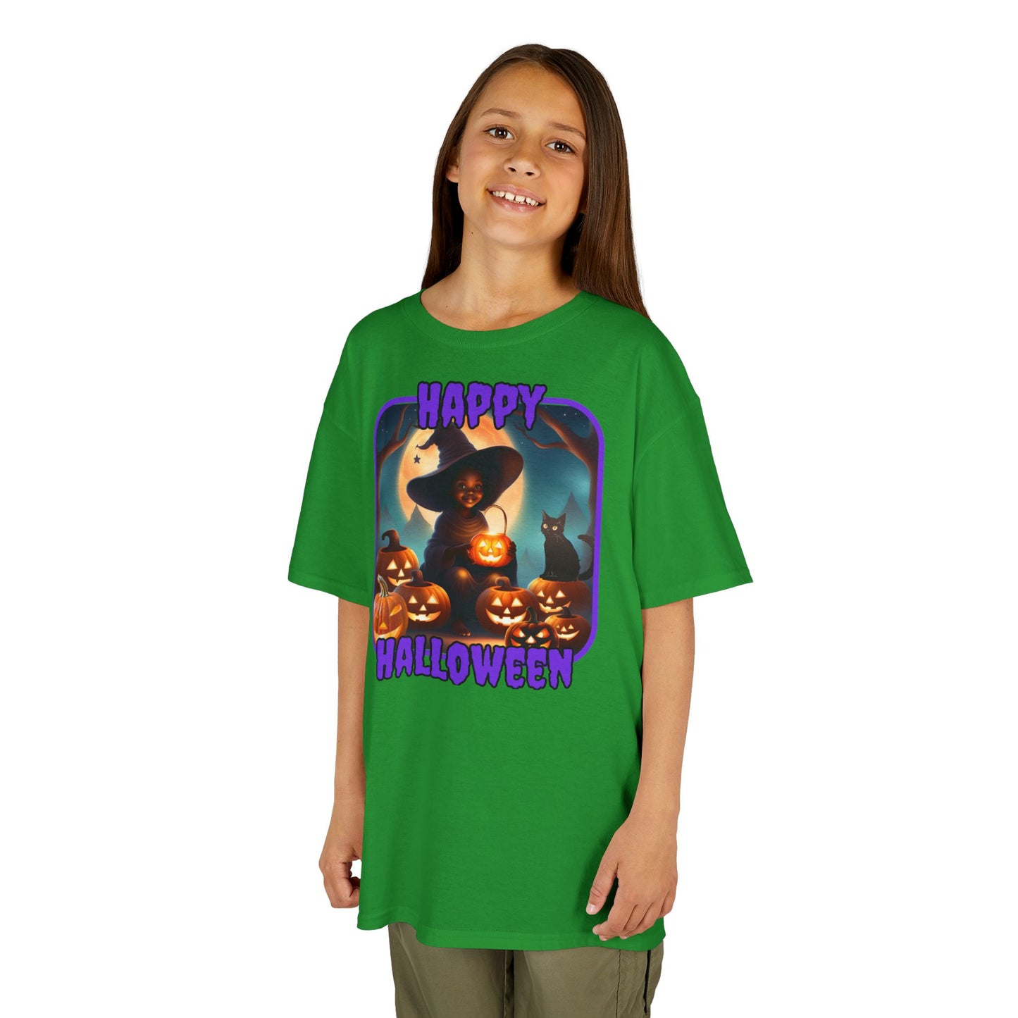 Happy Halloween Cute Witch Purple font Kids Heavy Cotton™ Tee by CreepyCrafts.boo