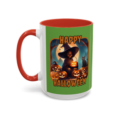 Happy Halloween Cute Witch Orange font Green Accent Mug by CreepyCrafts.boo