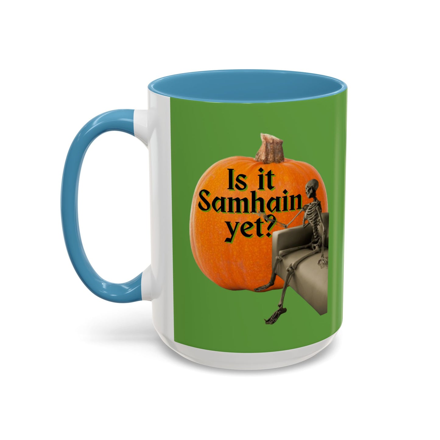 Is It Samhain Yet? Skeleton's Giant Pumpkin Green Accent Mug by CreepyCrafts.boo