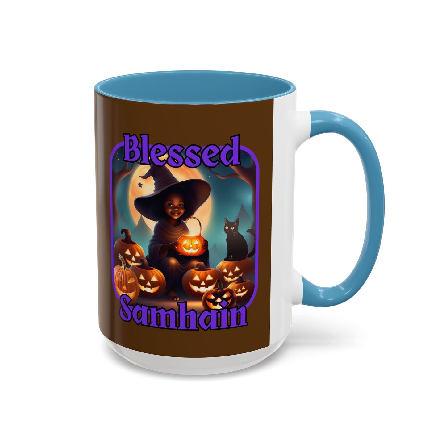 Blessed Samhain Cute Witch Purple font Brown Accent Mug by CreepyCrafts.boo