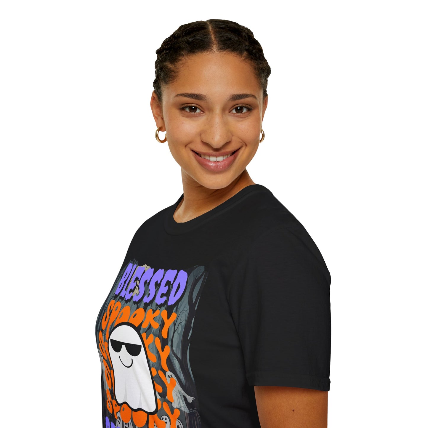 Spooky Blessed Samhain Ghost Purple font Unisex T-Shirt by CreepyCrafts.boo