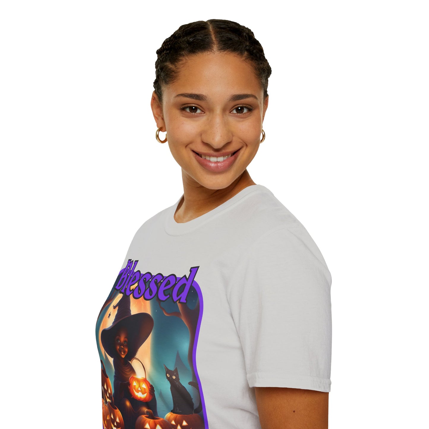 Blessed Samhain Cute Witch Purple font Light colors Unisex T-Shirt by CreepyCrafts.boo