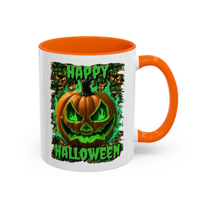Happy Halloween Green Jack White Accent Mug by CreepyCrafts.boo