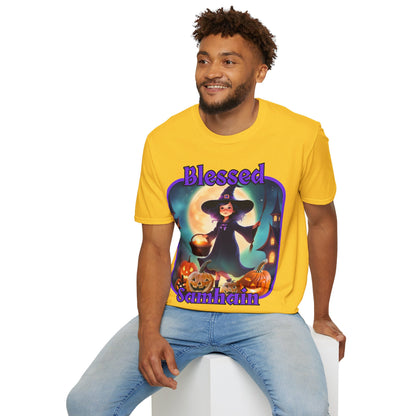 Blessed Samhain Little Witch Purple font Light colors Unisex T-Shirt by CreepyCrafts.boo