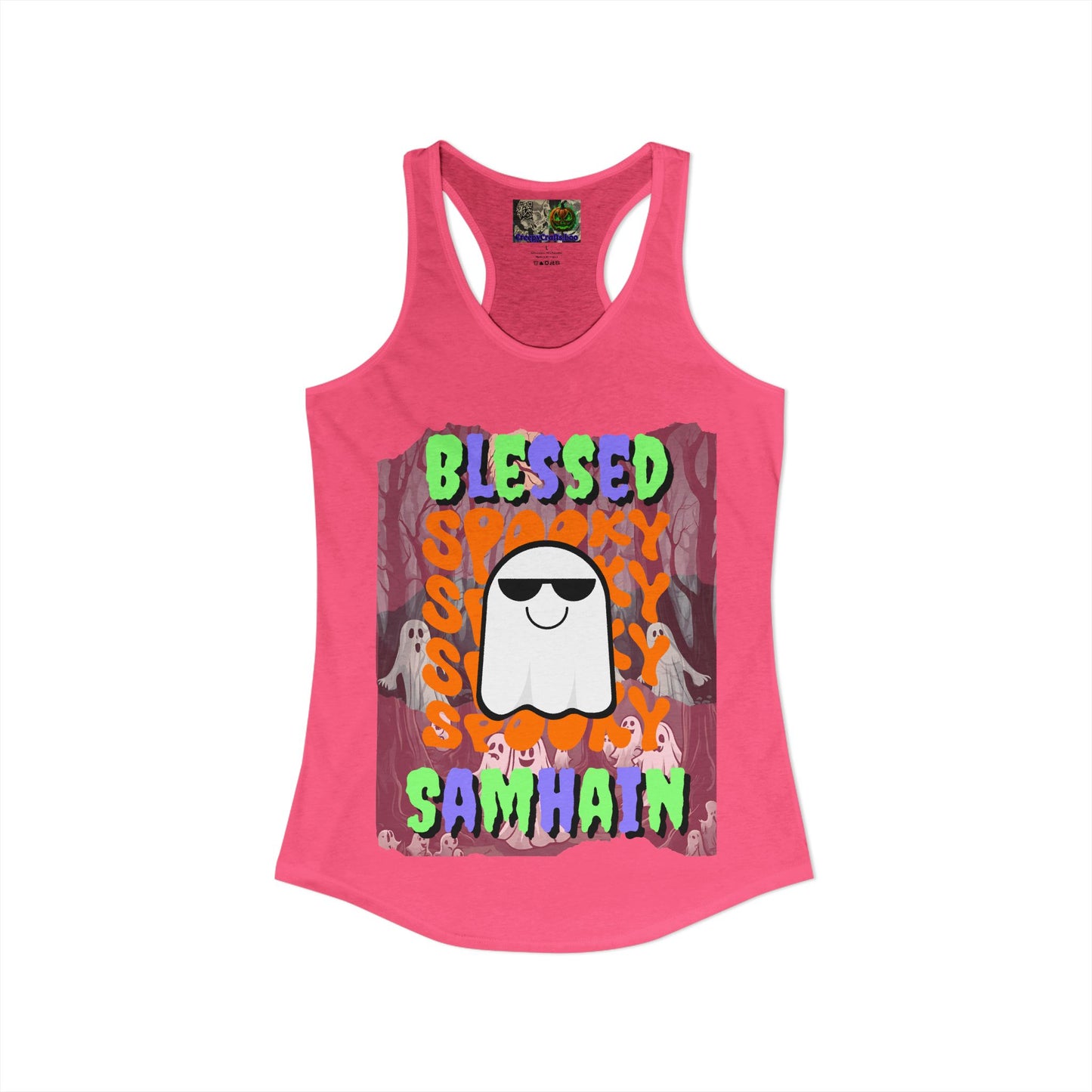 Spooky Blessed Samhain Ghost Mixed font Women's Racerback Tank Top by CreepyCrafts.boo