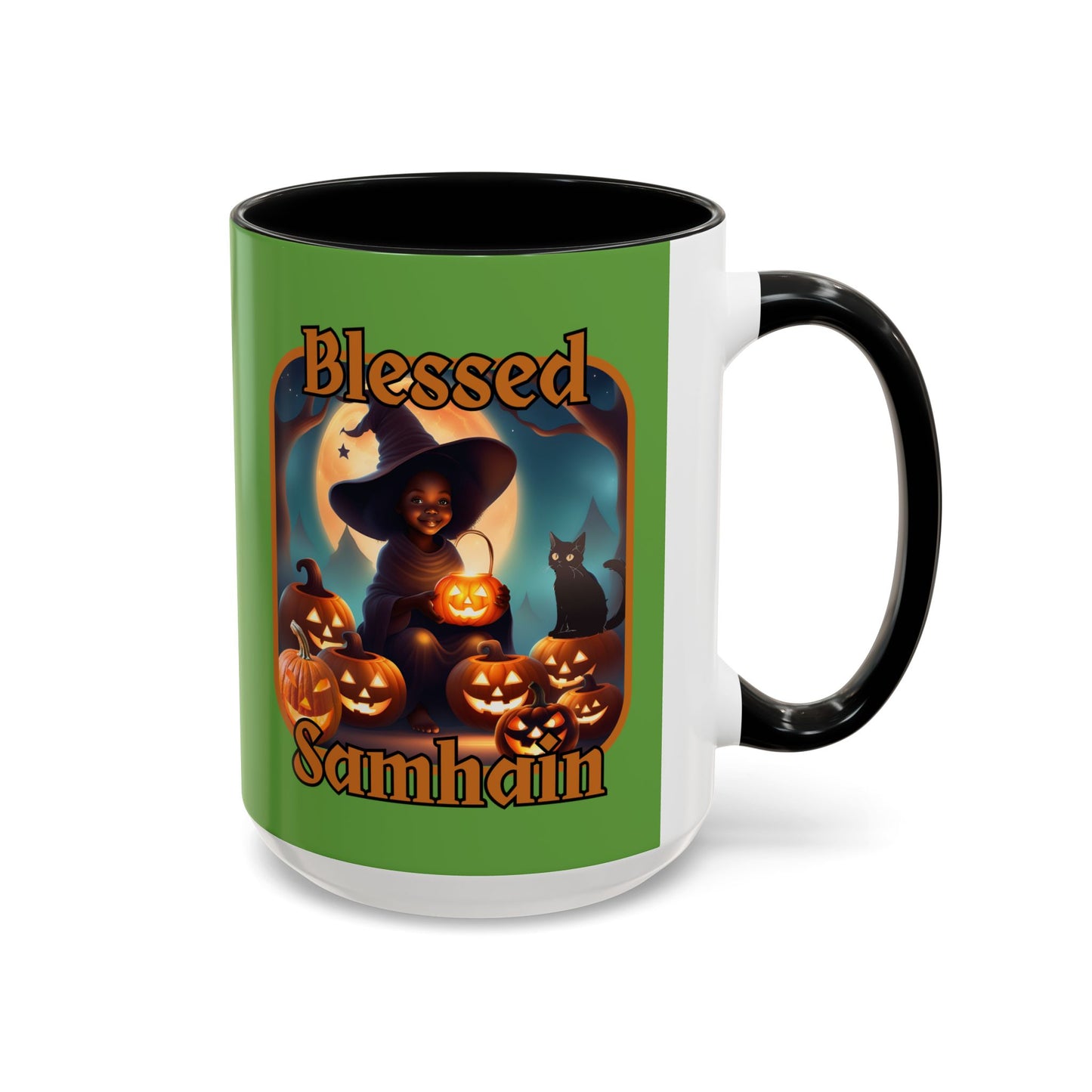 Blessed Samhain Cute Witch Orange font Green Accent Mug by CreepyCrafts.boo