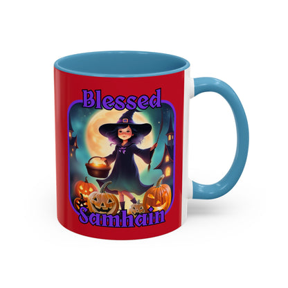 Blessed Samhain Little Witch Purple font Red Accent Mug by CreepyCrafts.boo