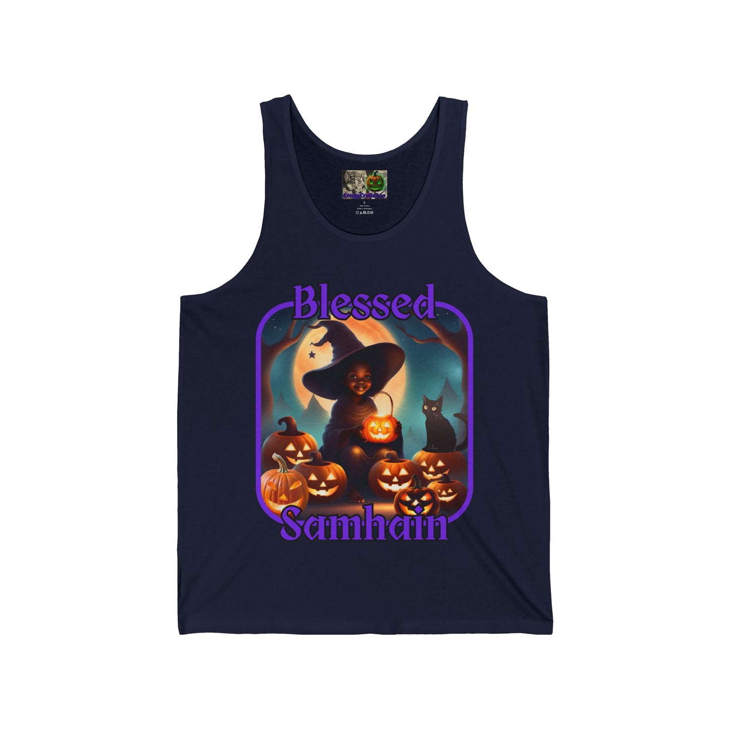 Blessed Samhain Cute Witch Purple font Unisex Jersey Tank Top by CreepyCrafts.boo