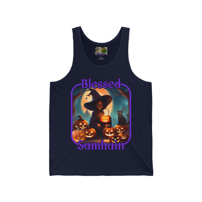 Blessed Samhain Cute Witch Purple font Unisex Jersey Tank Top by CreepyCrafts.boo