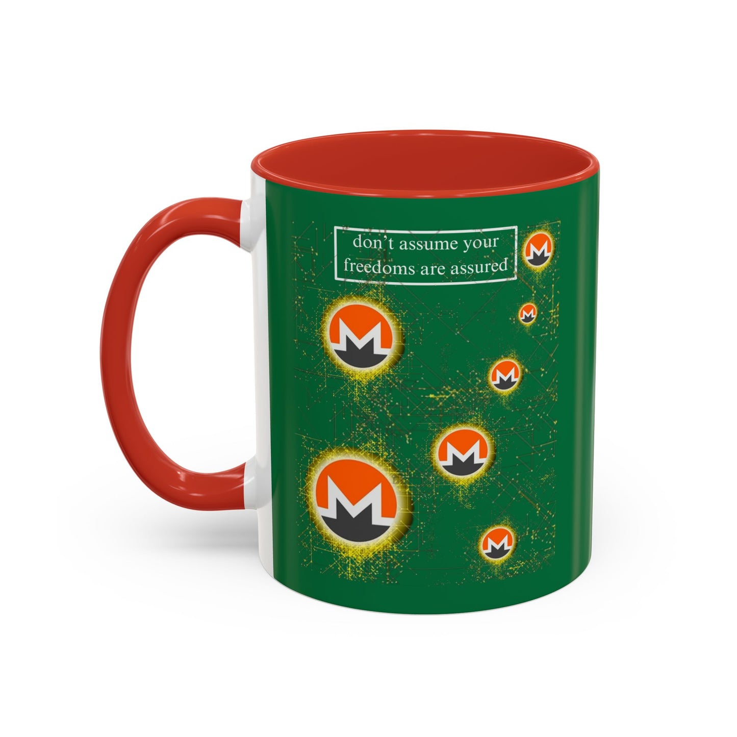 Monero (XMR) don't assume your freedoms are assured Green Accent Mug by cypherpunkgear.com