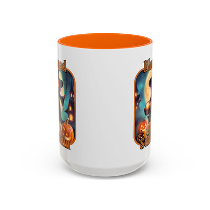 Blessed Samhain Little Witch Orange font White Accent Mug by CreepyCrafts.boo
