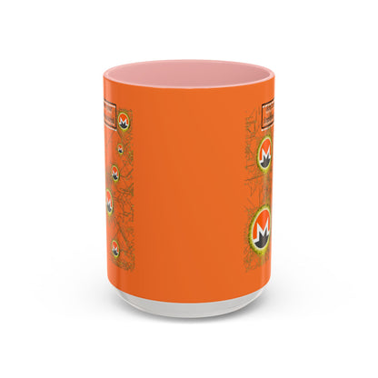 Monero (XMR) don't assume your freedoms are assured Orange Accent Mug by cypherpunkgear.com