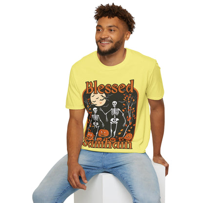 Spooktacular Skeletons of Samhain Light colors Unisex T-Shirt by CreepyCrafts.boo