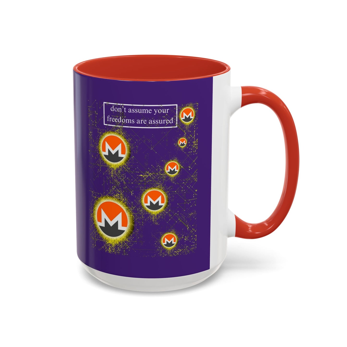 Monero (XMR) don't assume your freedoms are assured Purple Accent Mug by cypherpunkgear.com