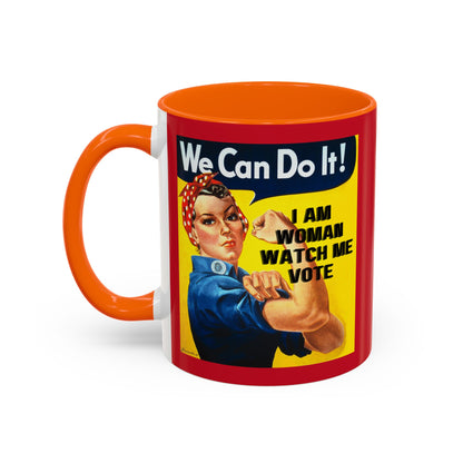 I Am Woman Watch Me Vote Rosie Red Accent Mug by cypherpunkgear.com