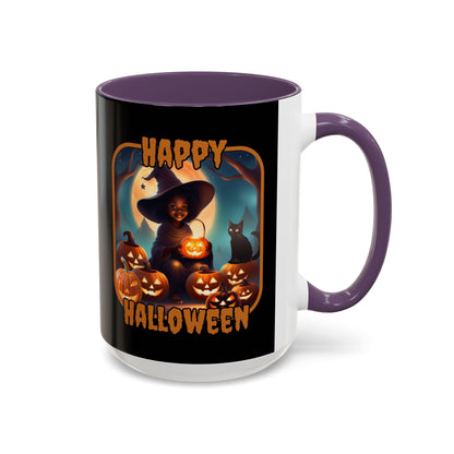 Happy Halloween Cute Witch Orange font Black Accent Mug by CreepyCrafts.boo