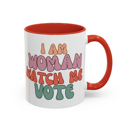 I Am Woman Watch Me Vote White Accent Mug by cypherpunkgear.com
