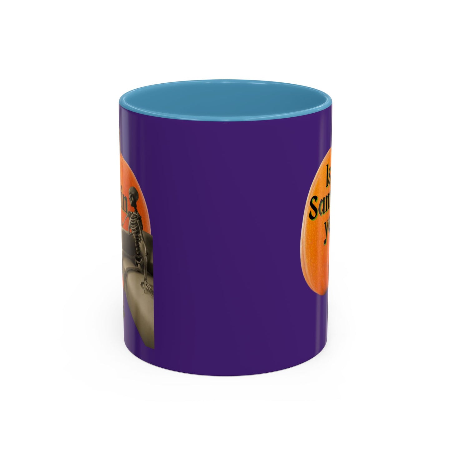 Is It Samhain Yet? Skeleton's Giant Pumpkin Purple Accent Mug by CreepyCrafts.boo