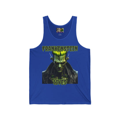 Frankenstein Lives Unisex Jersey Tank Top by CreepyCrafts.boo