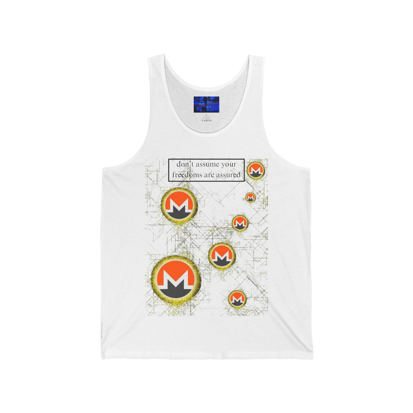 Monero (XMR) don't assume your freedoms are assured Light colors Unisex Jersey Tank Top by cypherpunkgear.com