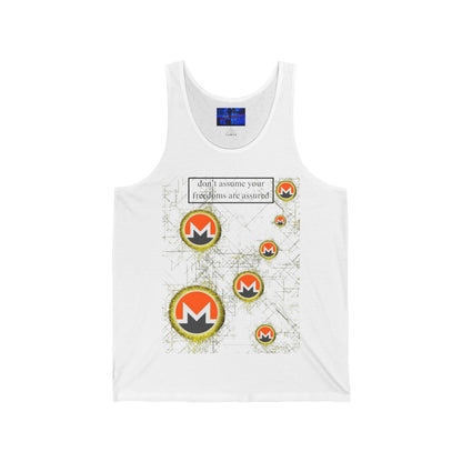Monero (XMR) don't assume your freedoms are assured Light colors Unisex Jersey Tank Top by cypherpunkgear.com