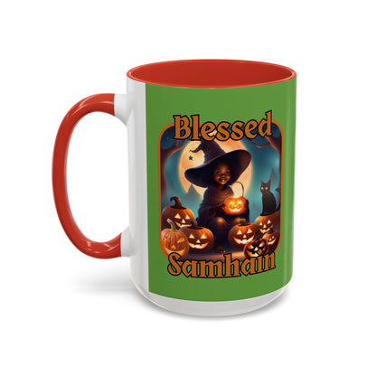Blessed Samhain Cute Witch Orange font Green Accent Mug by CreepyCrafts.boo
