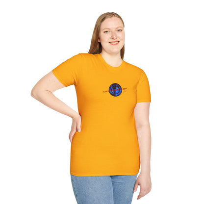 2-sided, cypherpunkgear.com Logo & Cityscape Light colors Unisex T-Shirt by cypherpunkgear.com