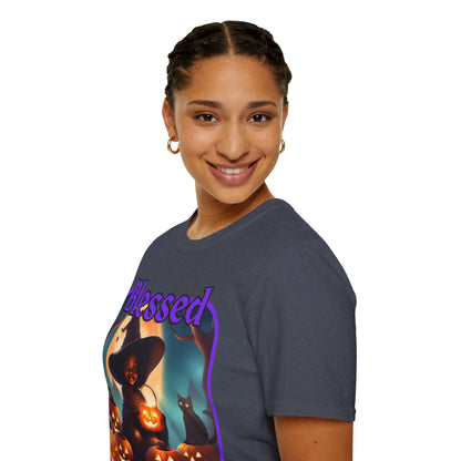 Blessed Samhain Cute Witch Purple font Dark colors Unisex T-Shirt by CreepyCrafts.boo